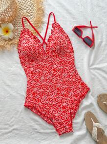 Swim Mod Jacquard Knit Scoop Neck Spaghetti Strap Tankini Swimsuit For Women, Beach Summer Outfit - Red and White - View 2