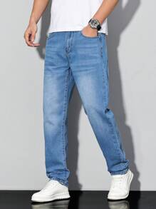 Manfinity Homme Men's Light Wash Denim Jeans: Classic Zipper Fly Long Length And Relaxed Fit For Everyday Style - Light Wash - View 1