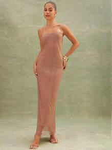 L'Amorae Elegant Sparkly Sleeveless Slim Fix Summer Spaghetti Strap Dress, Vacation Outfits Woman - Dusty Pink - View 4