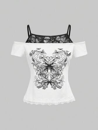 Fairycore Camiseta de manga corta ajustada con estampado de mariposa y ribete de encaje, estilo retro Y2K para mujeres