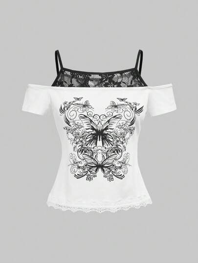 Fairycore T-shirt ajusté à manches courtes avec imprimé papillon rétro Y2K et bordure en dentelle pour femmes