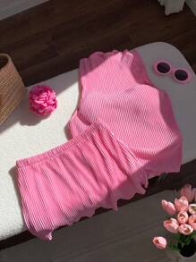 Comfortcana 女士 2 件套纯色褶皱无袖上衣和短裤，休闲