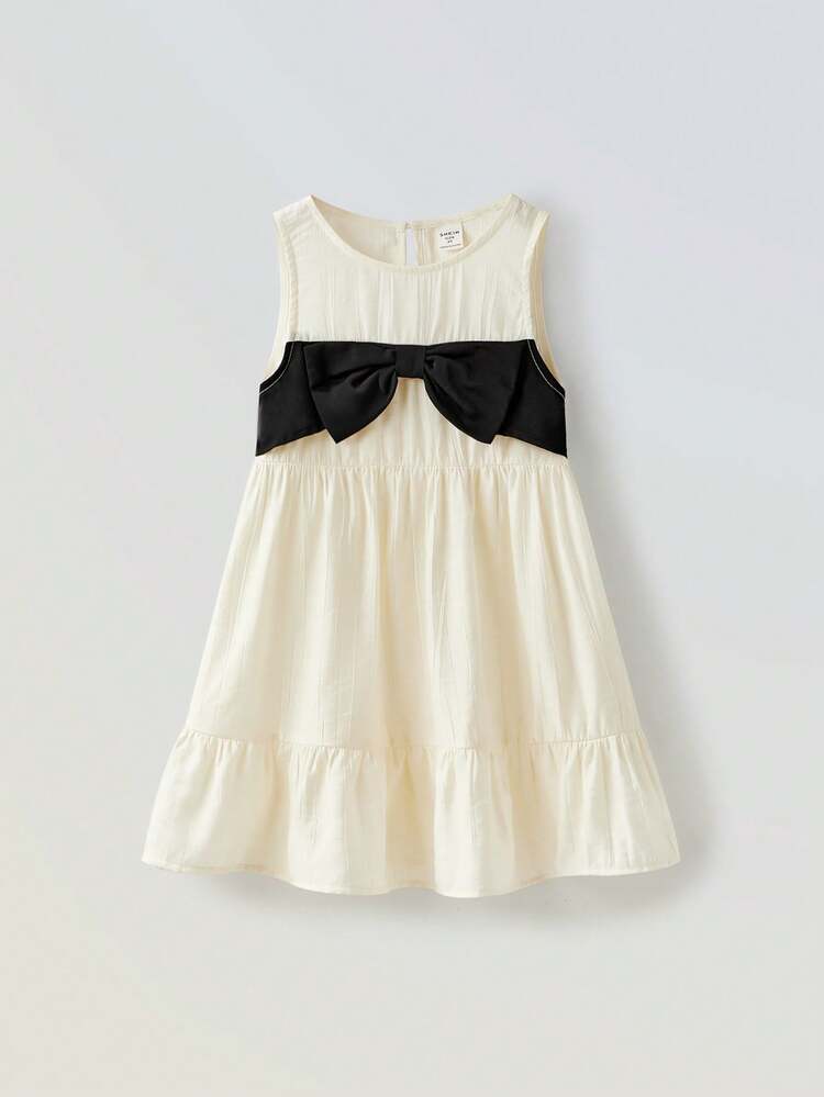 Young Girl Loose Casual Fashion Colorblock Bow Decor Dress