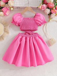 SHEIN Elegancka sukienka dla młodej dziewczyny w jednolitym kolorze z bufiastymi rękawami i skróconą talią