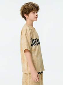 SHEIN New Arrival Boys Hip Hop Streetwear Slogan Print Round Neck Short Sleeve T-Shirt And Shorts Set - Mustard Yellow - View 4