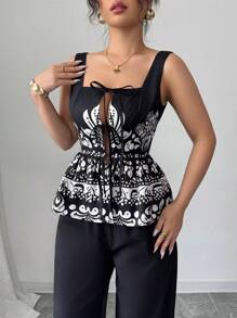 SHEIN Unity Bohemian Style Vacation Tank Top & Pants 2 Pieces Set For Women, Spring/Summer - Black - View 6