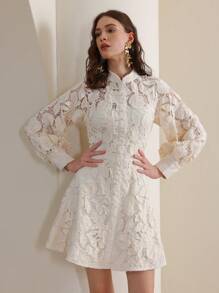 Anewsta 奢华牛奶丝可溶解刺绣迷你连衣裙，女士优雅休闲春季服装 - 杏色 - 查看 5