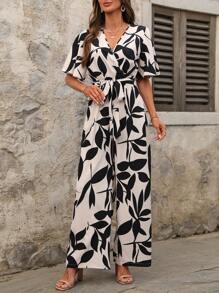 SHEIN Clasi 女士优雅树叶印花 V 领系腰荷叶边袖连体裤 - 彩色 - 查看 4