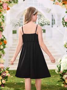 SHEIN Tween Girls' Elegant Pearls & Bow Decor A-Line Slip Dress, Casual Spring/Summer/Graduation - Black - View 2