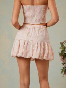 L'Amorae 优雅花卉提花泡泡下摆夏季迷你裙，女士夏季服装