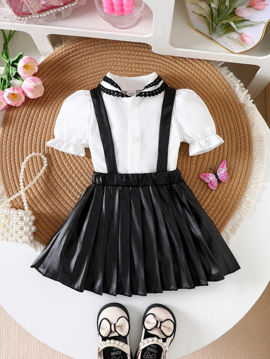 2pcs/Set Baby Girl Spring&Summer Preppy Style Short Sleeveless Casual Shirt&Imitate Leather Short Pleated Skirt - Black and White - View 1