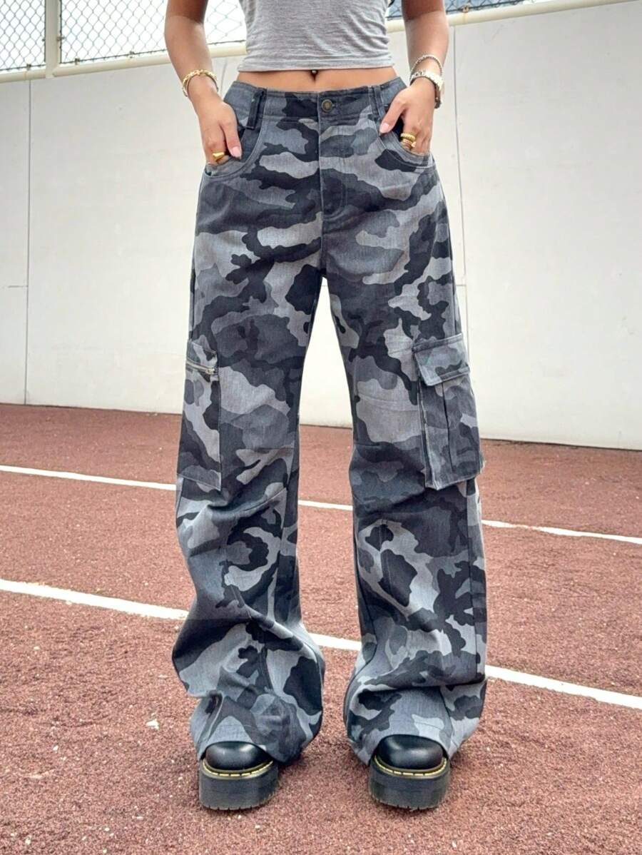 SHEIN EZwear 迷彩工装裤，简约时尚休闲日常穿着 - 彩色 - 查看 1