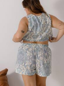 Aralina Curve Linen Summer Vacation Shirt With Ties And Short Set - Blue - View 2