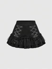 ROMWE Grunge Punk Bộ 2 trang phục lễ hội âm nhạc thời trang Y2K - Áo crop top ren tương phản đính đá & chân váy ngắn cạp trễ dành cho nữ - màu đen - Xem 3