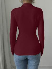 Elenzga Camiseta gráfica de manga larga con cuello de cheongsam y decoración de botones chinos, elegante para mujer, ideal para outfits de primavera