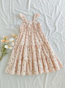 Vintaside Kids Girls' Stylish Korean-Style Ditsy Floral Suspender Dress, Suitable For Beach Vacation, Travel And Photography, Giving A Fashionable And Fresh Feeling, A Must-Have Summer Dress - Apricot - View 3