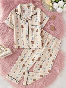 2pcs/Set Young Girl Cute Bear Print Short Sleeve Shirt & Loose Pants Casual Comfortable Home Outfit - Multicolor - View 6