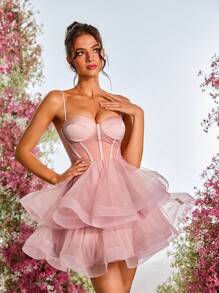 SHEIN Belle Elegant Satin Splice Mesh Hemline Bustier Waist Sheer A-Line Ball Gown, Wedding Guest Dress With 3D Ponytail Decor And Adjustable Lace-Up Back, Formal Event, Party Dress, Prom Dress - Pink - View 3