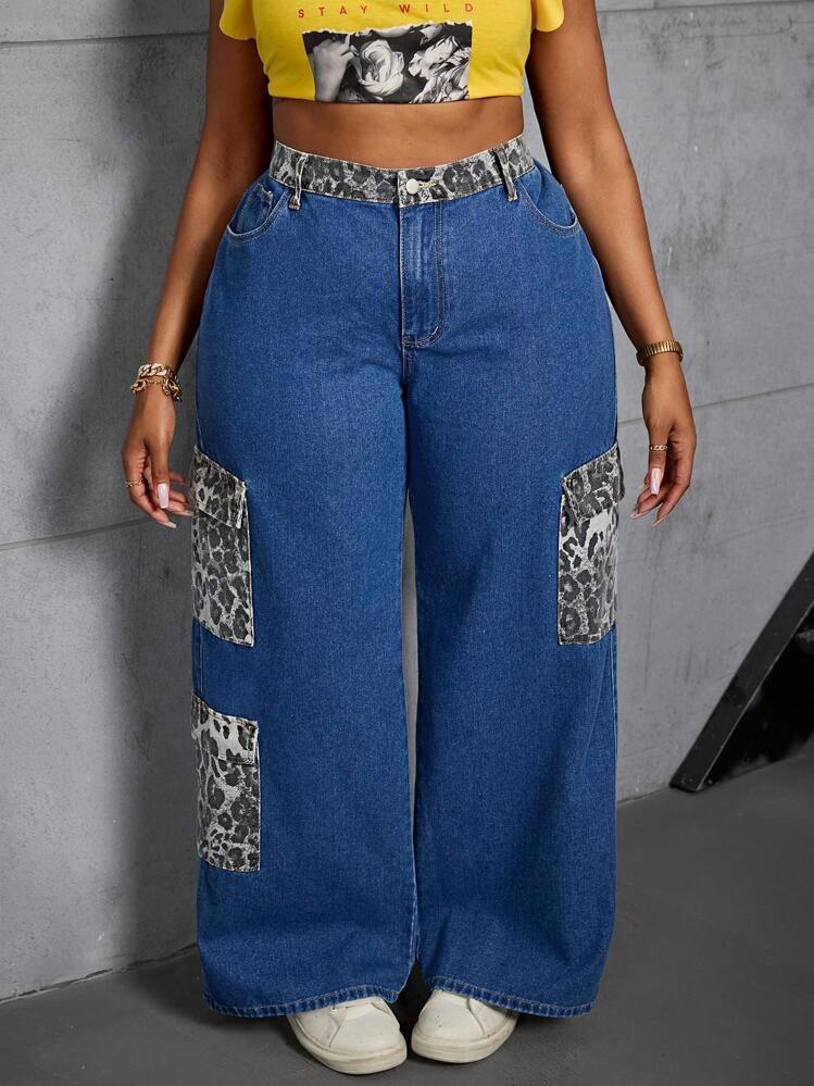 SHEIN SXY Pantalones vaqueros de talla grande con patchwork de estampado de leopardo y pernera ancha - Azul - Añade 1