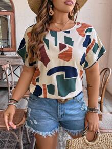 SHEIN LUNE Plus Size Women's Woven Geometric Color Block Print Twist Back Cutout Raglan Short Sleeve Resort Shirt For Summer - Multicolor - View 5