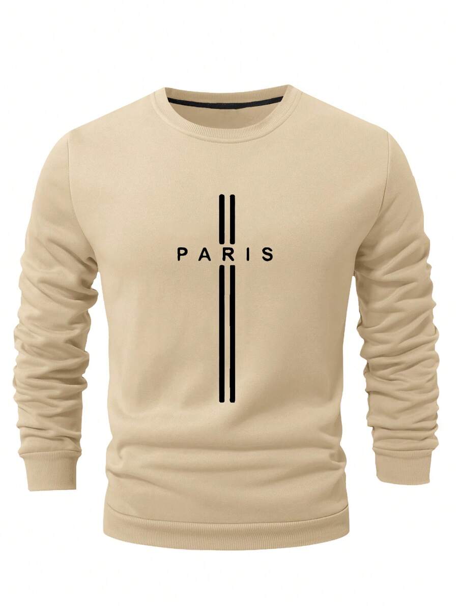 Manfinity Homme 男士字母印花圆领长袖休闲宽松运动衫 - 卡其色 - 查看 1