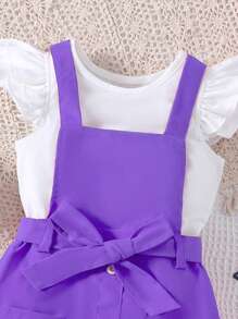 SHEIN 2 件套年轻女孩荷叶边袖上衣和纹理吊带连衣裙套装，春夏