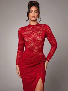 Silquee 女士优雅性感浪漫纯色红色、酒红色、勃艮第红、基本蕾丝甜美露背长袖紧身衣，适合姐妹聚会、情人节、晚上外出 - 紅色 - 查看 6