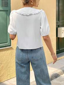 Franclia 女士休闲百搭彼得潘领泡泡袖单排扣宽松衬衫 - 白色 - 查看 3
