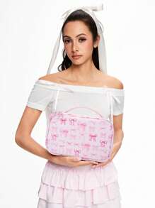 ROMWE Kawaii 1pc Fashion Bow Decor Versatile Large Capacity Portable Cosmetic Bag