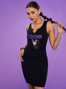 CATWOMAN X SHEIN 女款猫女图案连衣裙 - 黑色 - 查看 4
