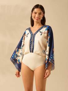 CAJUNI Women's Boho Tropical Plant Print Deep V-Neck Backless Loose Long Sleeve Bodysuit, Casual Holiday Summer Beach Wear - Multicolor - View 6