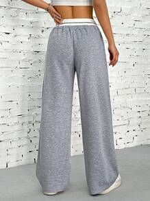 SHEIN EZwear Quần dài thể thao ống rộng phối màu cạp rút cho nữ - Màu Xám nhạt - Xem 2