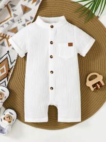 SHEIN 1pc Newborn Baby Boys White Short Sleeve Snap Front Jumpsuit, Soft Comfy Casual For Home, Outdoor, Travel, Spring/Summer Neutral Baby Clothes Short Sleeve Baby Romper Unisex Baby Romper Baby Casual Romper Neutral Baby Clothes Unisex - White - View 6