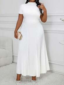SHEIN Lady 秋冬季优雅工作办公室白色针织立领飘逸褶皱大码连衣裙
