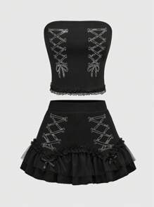 ROMWE Grunge Punk Bộ 2 trang phục lễ hội âm nhạc thời trang Y2K - Áo crop top ren tương phản đính đá & chân váy ngắn cạp trễ dành cho nữ - màu đen - Xem 9