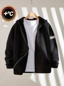 SHEIN Tween Boy's Plush Hooded Jacket, Autumn/Winter - Black - View 1