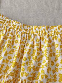 Flirla Conjunto de 2 piezas de talla grande, blusa corta con hombros descubiertos y cordón, y falda corta con estampado floral ditsy, para primavera/verano - Amarillo - Ver 4