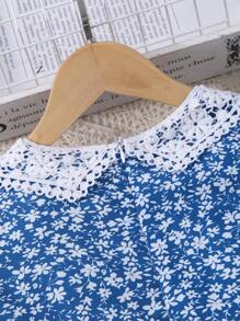 SHEIN Váy in kỹ thuật số cho bé gái tuổi mới lớn, nền trắng có họa tiết hoa nhỏ, cổ áo có hoa, tay bồng, thanh lịch và dành cho kỳ nghỉ hè - Màu xanh lam - Xem 8