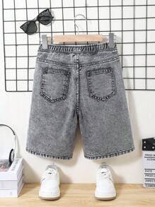 SHEIN Explorewe Tween Boy Casual Street Style Comfortable Water-Washed Drawstring Waist Elastic Waistband Grey Denim Shorts, 2025 Spring & Summer New Arrival, Versatile Daily Wear, School, Campus, College - Grey - View 7