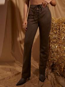 COSMINA Women's Retro Cross Strap Long Pants, Denim, Music Festival - Coffee Brown - View 1