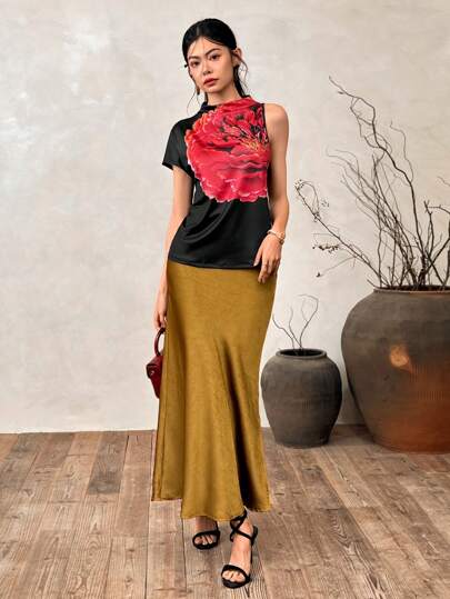 EastFlair Women's Elegant Flower Print Asymmetrical T-Shirt