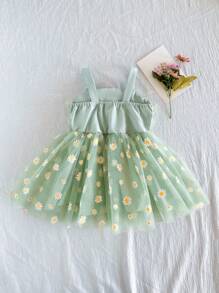 SHEIN 女婴春绿色华丽可爱风格别致网眼天鹅绒网眼面料细肩带松紧腰喇叭裙，适合派对和聚会