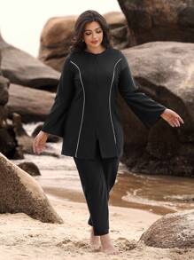 Swim Mulvari 2件套加大码黑白拼接长袖和裤子穆斯林风格女士端庄比基尼套装