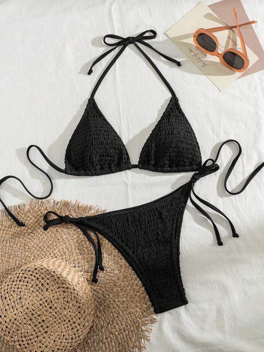 Swim Vcay Solid Color Texture Split Bikini Set, Vacation Beach For Summer
