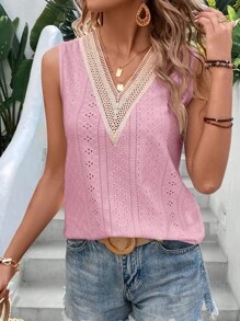 SHEIN VCAY Spring Guipure Lace Panel Eyelet Embroidery Tank Top - Dusty Pink - View 6