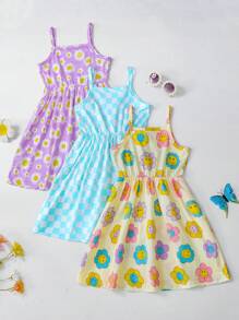 SHEIN Juego de 3 piezas para niñas con camiseta de tirantes, vestido y estampado de unicornio y helado, cómodo, adecuado para fiestas infantiles, vacaciones, verano, regalo de conjunto para hermana. - Multicolor - Ver 2