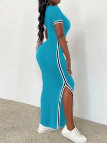 SHEIN LUNE Women's Slim Fit Round-Neck Color Block Trim Split Dress For Spring And Summer Maxi Women Outfit - Blue - View 2