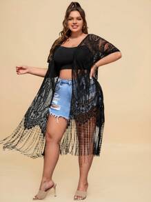 Travachic Kimono estivo taglie grandi con maniche a dolman, orlo con frange e pizzo, senza camicetta