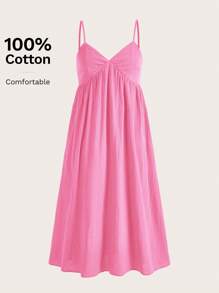 SHEIN EZwear 夏季假日休閒編織細肩帶連身裙 - 玫紅色 - 查看 4