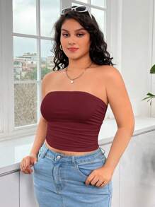 SHEIN EZwear Plus Size Women Ruffle Solid Color Fitted Tube Top - Burgundy - View 3